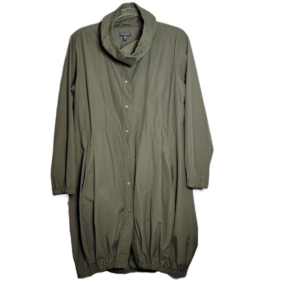 Eileen Fisher Green Long Button Up Jacket Medium Petite Cotton Nylon Pockets - Picture 1 of 12